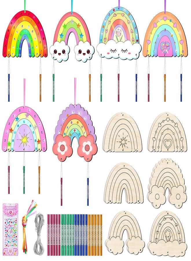 TREACLUB 12 Pack Wind Chime Kit for Kids Make Your Own Wind Chime DIY Wood Arts and Crafts Decorative Coloring Wooden Hanging Ornaments for Girls Boys Home School Activity Party Supplies(Boho Rainbow) - Image 1